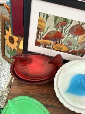 Source Unknown Red Glass Hen on Nest Dish